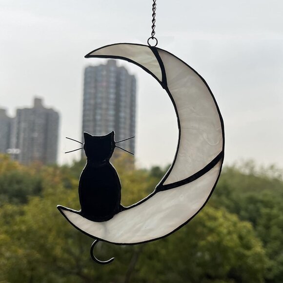 Black Cat Decor On White Moon Stained Glass Window Hanging Suncatcher for Window - Picture 4 of 7